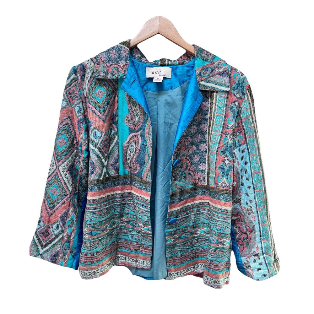 ANU Silk Blend Tapestry Blazer Jacket M Artsy Boho Art2wear Hippie Maximalist
